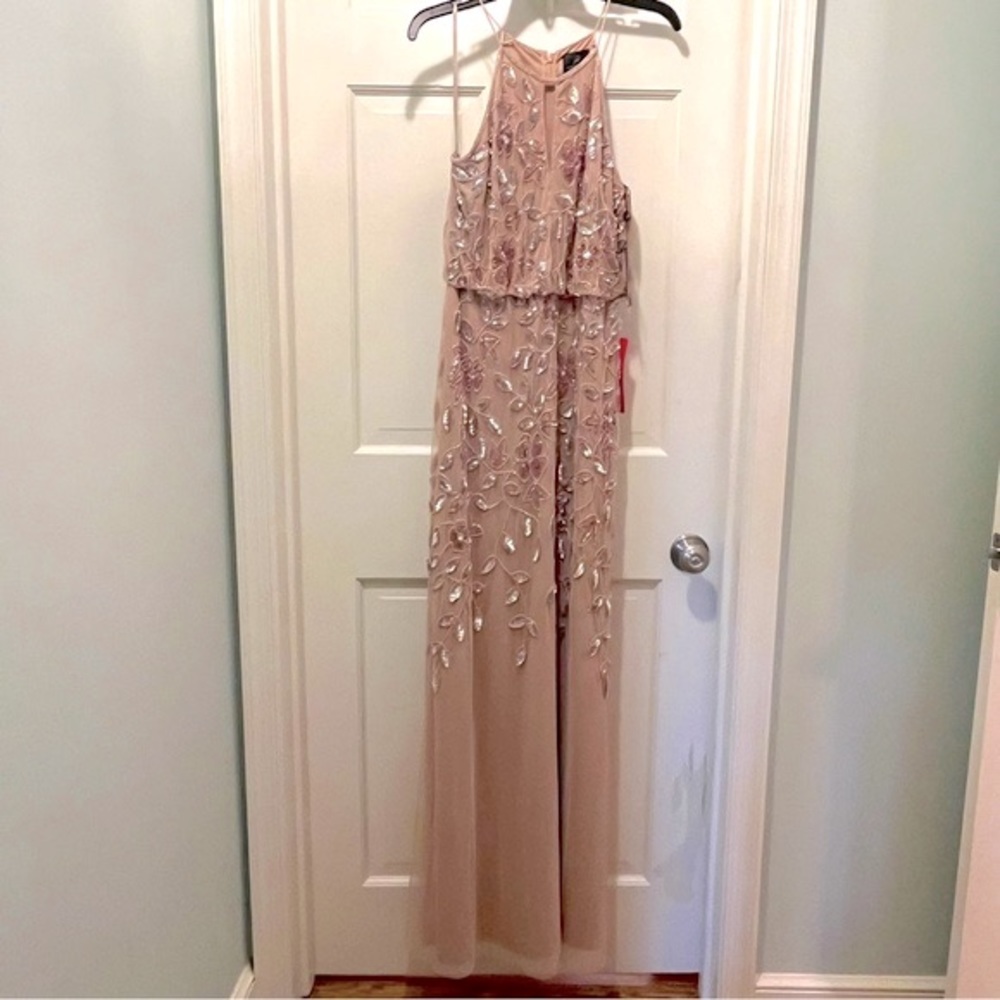 Adrianna Papell Blush Beaded Halter Long Dress NWT